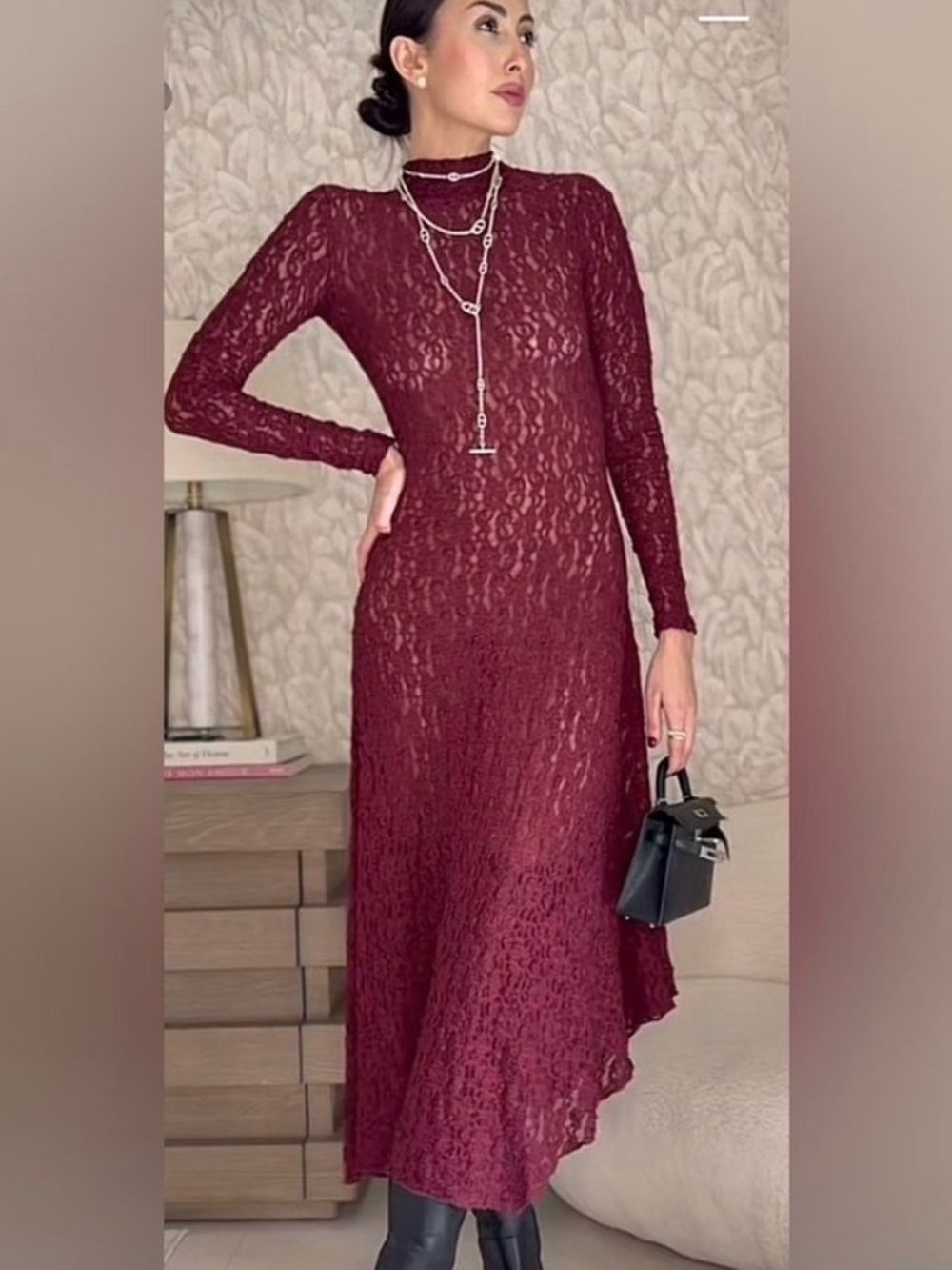 Long Sleeve Burgundy Lace Midi Dress